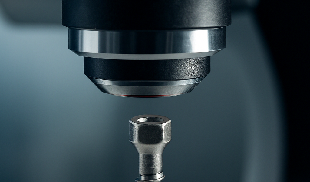 Nahaufnahme eines medizinischen Implantats, das unter einem Mikroskop begutachtet wird – Symbol für Präzision in der Medizintechnik.