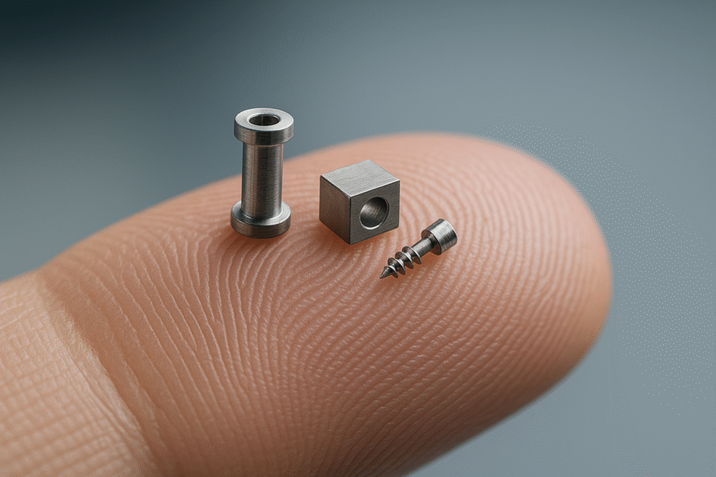 Extrem kleine Bauteile für medizinische Anwendungen, präsentiert auf einer menschlichen Fingerkuppe.