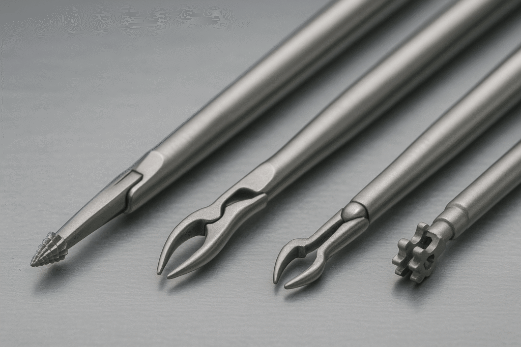 Chirurgische Präzisionsinstrumente aus INOX-Stahl mit komplexer Geometrie – gefertigt durch Erodieren. 