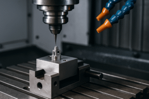 CNC Fräsmaschine bei der präzisen Bearbeitung eines kleinen Metallteils mit mehreren Achsen