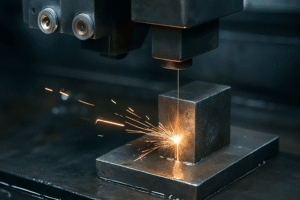 Drahterodiermaschine mit Drahtführung beim Schneiden eines Hartmetallstücks unter Funkenbildung