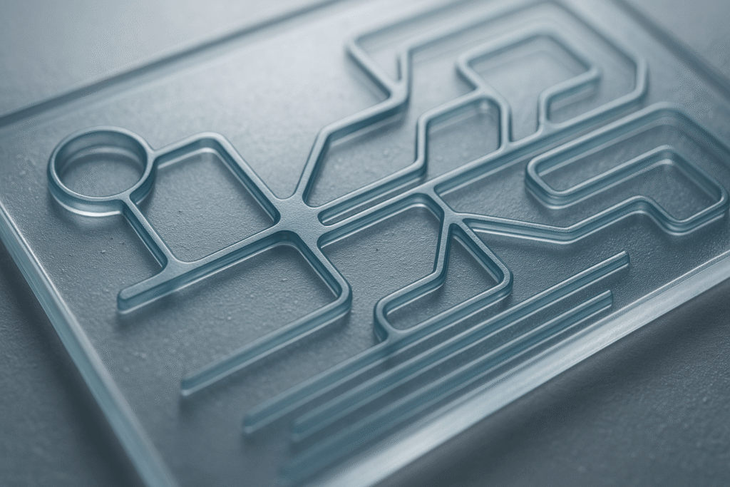 Detailaufnahme eines Lab-on-a-Chip Systems mit mikrofluidischen Strukturen