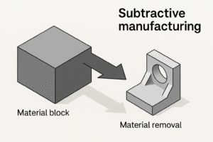 Schematische Darstellung eines Materialblocks, aus dem ein Bauteil herausgearbeitet wird