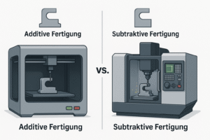 Vergleichsgrafik: links 3D-Drucker, rechts CNC-Maschine mit gleichen Bauteilen