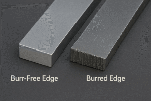 Vergleich zwischen gratfreier und gratbehafteter Laserschnittkante.