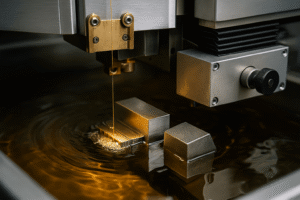 Drahterodiermaschine im Ölbad für hochpräzise Bearbeitung von Mikrokomponenten